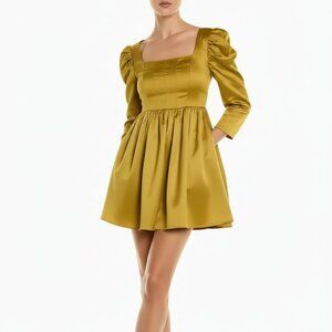 Mirabel Revolve Satin Babydoll Mini Dress Chartreuse Gold S NWT
